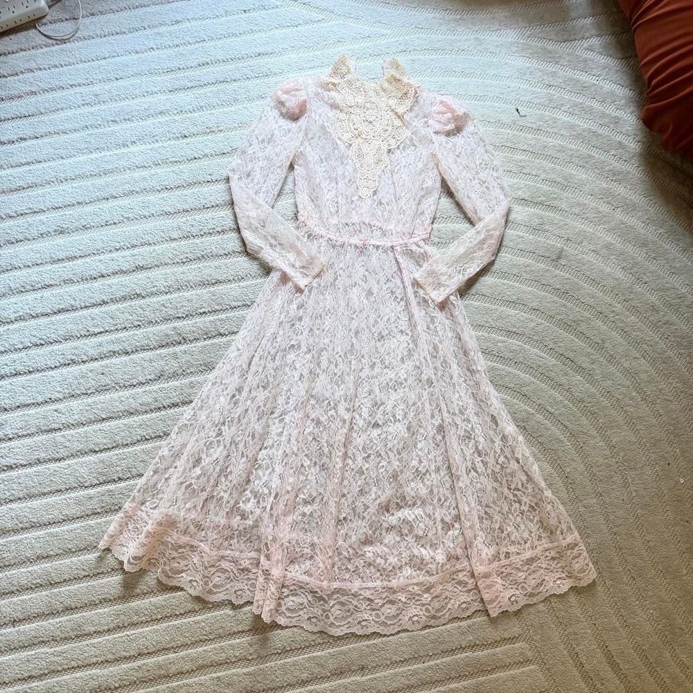 VTG 70s Gunne Sax Jessica McClintock Lace Dress size S/M Pink Victorian Prairie